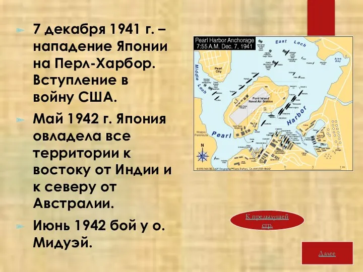 7 декабря 1941 г. – нападение Японии на Перл-Харбор. Вступление в войну США.