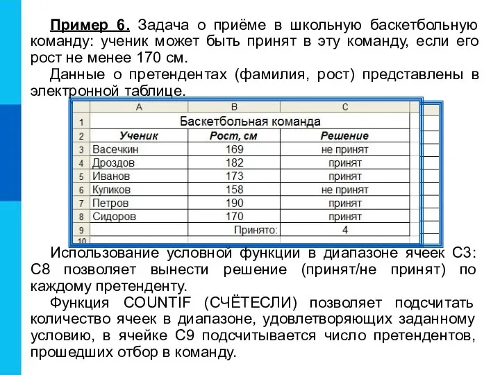 Пример 6. Задача о приёме в школьную баскетбольную команду: ученик