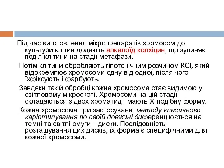 Під час виготовлення мікропрепаратів хромосом до культури клітин додають алкалоїд