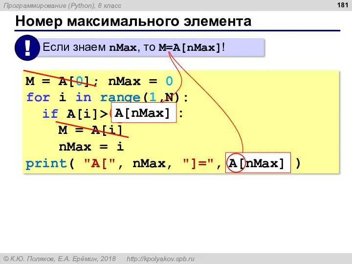 Номер максимального элемента M = A[0]; nMax = 0 for