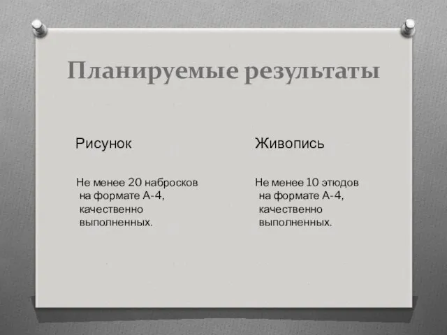 Планируемые результаты Рисунок Не менее 20 набросков на формате А-4,