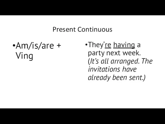 Present Continuous Am/is/are + Ving They‘re having a party next