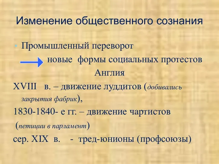 Изменение общественного сознания Промышленный переворот новые формы социальных протестов Англия