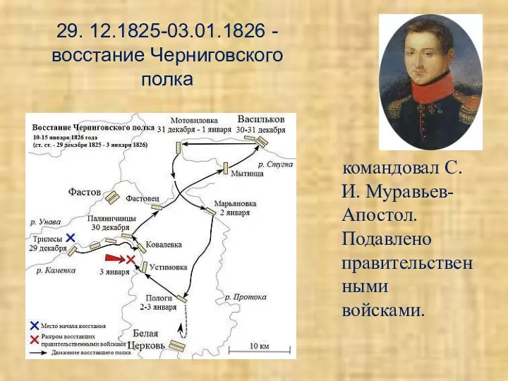 29. 12.1825-03.01.1826 - восстание Черниговского полка командовал С.И. Муравьев-Апостол. Подавлено правительственными войсками.