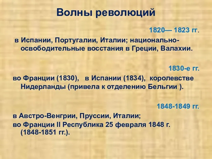 Волны революций 1820— 1823 гг. в Испании, Португалии, Италии; национально-освободительные