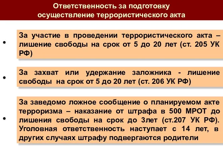 Ответственность за подготовку осуществление террористического акта За участие в проведении