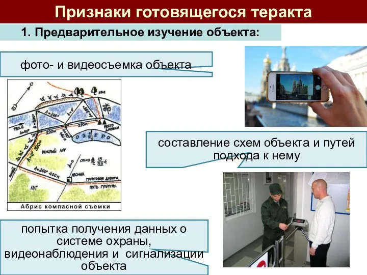 Признаки готовящегося теракта фото- и видеосъемка объекта составление схем объекта