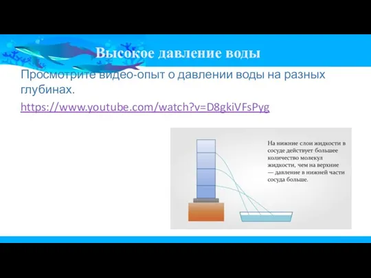 Высокое давление воды Просмотрите видео-опыт о давлении воды на разных глубинах. https://www.youtube.com/watch?v=D8gkiVFsPyg