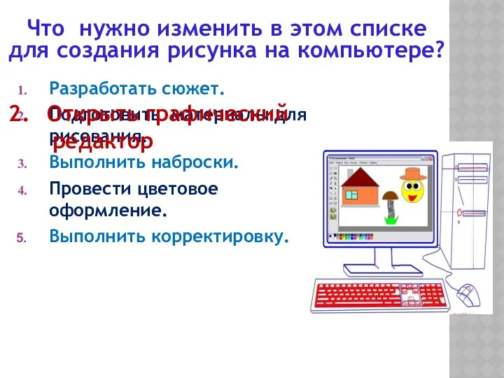 Разработать сюжет. Подготовить материалы для рисования. Выполнить наброски. Провести цветовое