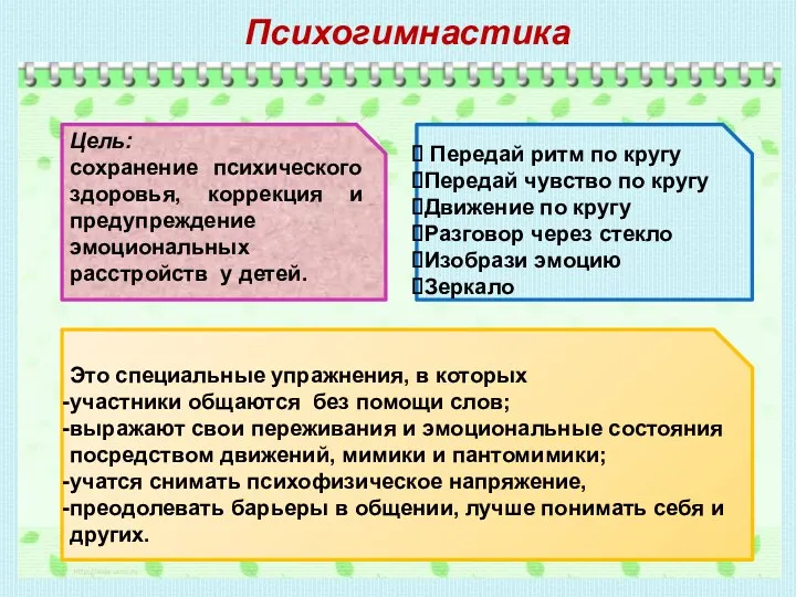 Психогимнастика Цель: сохранение психического здоровья, коррекция и предупреждение эмоциональных расстройств у детей. Передай