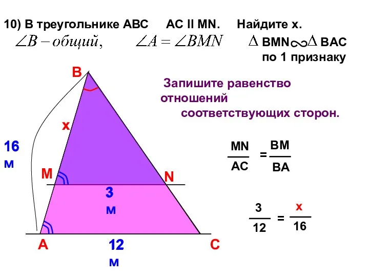 A B N 10) В треугольнике АВС AC II MN.