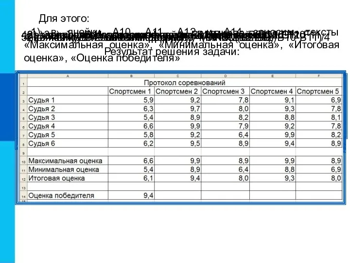 Для этого: 4а) копируем содержимое ячейки В12 в ячейки С12:F12 1) в ячейки