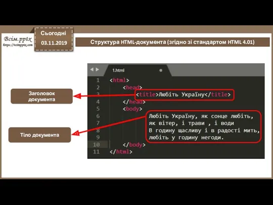 Структура HTML-документа (згідно зі стандартом HTML 4.01) Сьогодні 03.11.2019 Тіло документа Заголовок документа