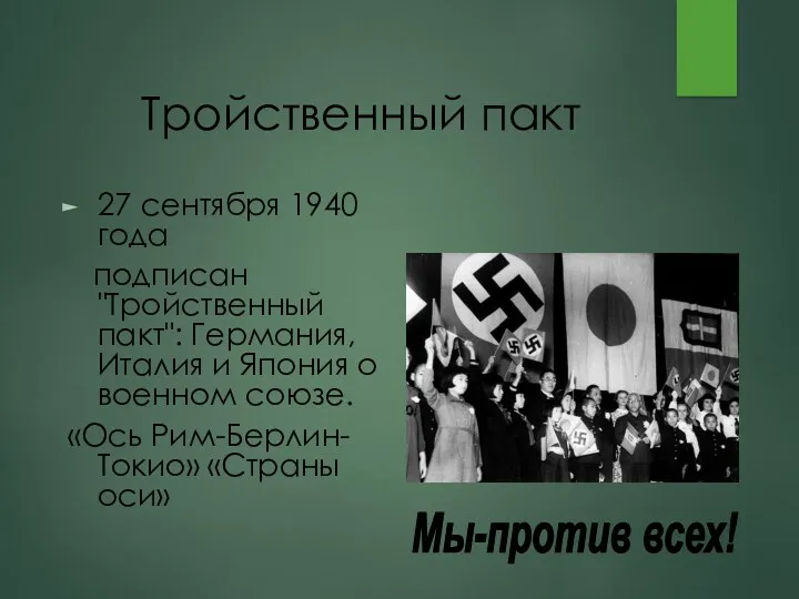 Тройственный пакт 27 сентября 1940 года подписан "Тройственный пакт": Германия,