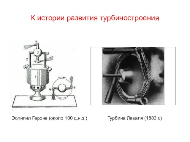 К истории развития турбиностроения Турбина Лаваля (1883 г.) Эолипил Герона (около 100 д.н.э.)