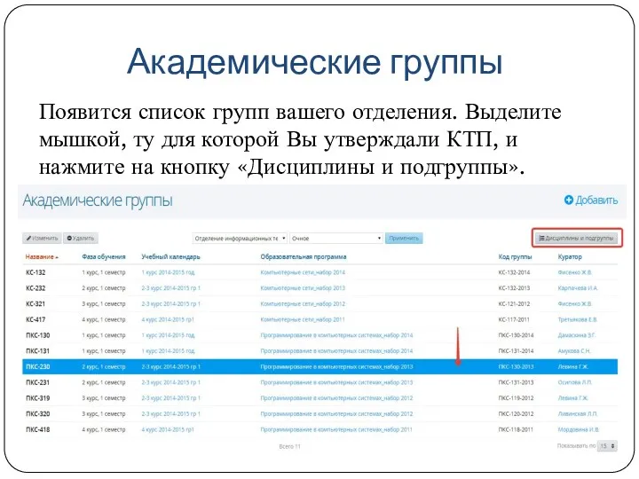 Академические группы Появится список групп вашего отделения. Выделите мышкой, ту