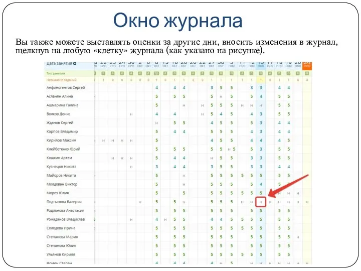 Окно журнала Вы также можете выставлять оценки за другие дни,