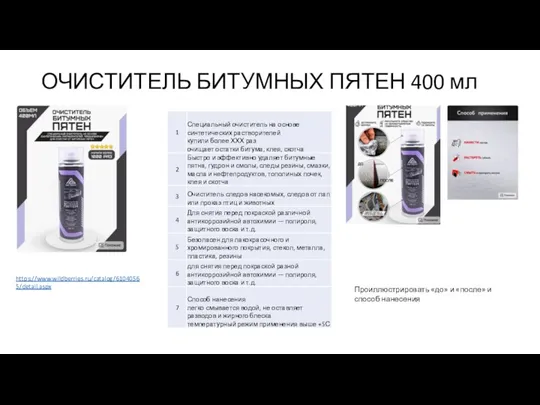 ОЧИСТИТЕЛЬ БИТУМНЫХ ПЯТЕН 400 мл https://www.wildberries.ru/catalog/61040565/detail.aspx Проиллюстрировать «до» и «после» и способ нанесения