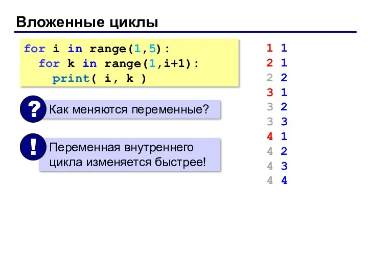 Вложенные циклы for i in range(1,5): for k in range(1,i+1):