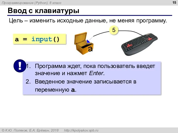 Ввод с клавиатуры Цель – изменить исходные данные, не меняя программу. a = input() 5 a