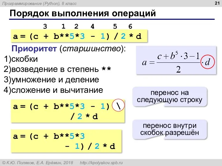 Порядок выполнения операций a = (c + b**5*3 - 1)