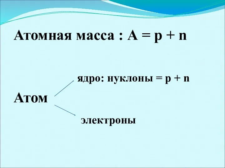 Атомная масса : А = р + n ядро: нуклоны = р + n Атом электроны