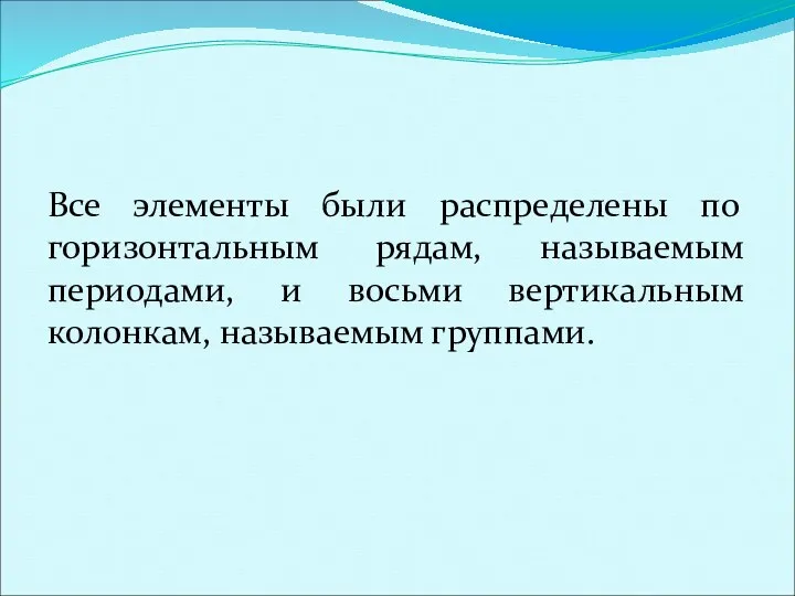 Все элементы были распределены по горизонтальным рядам, называемым периодами, и восьми вертикальным колонкам, называемым группами.