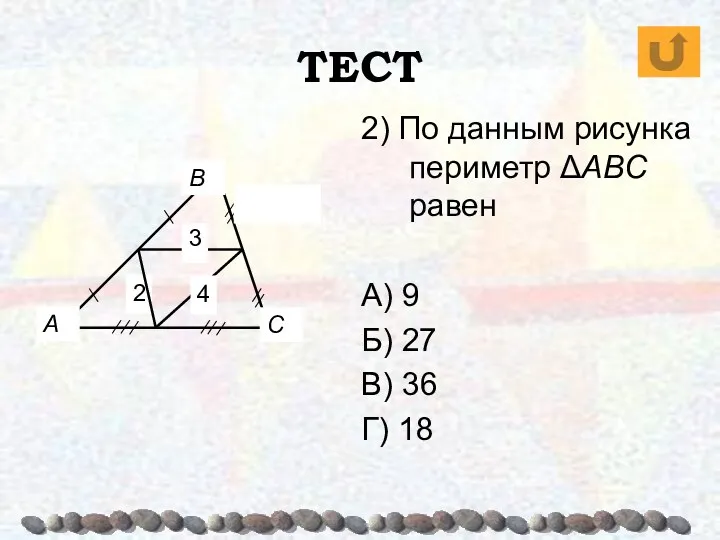 ТЕСТ 2) По данным рисунка периметр ΔABC равен А) 9 Б) 27 В) 36 Г) 18