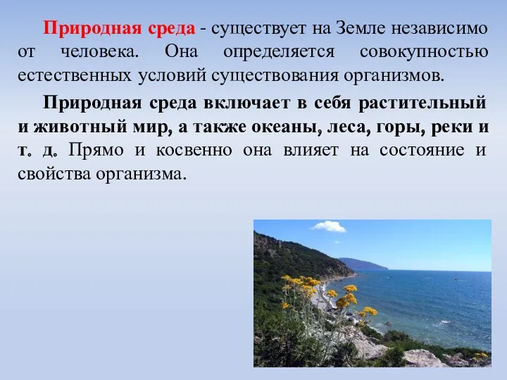 Природная среда - существует на Земле независимо от человека. Она