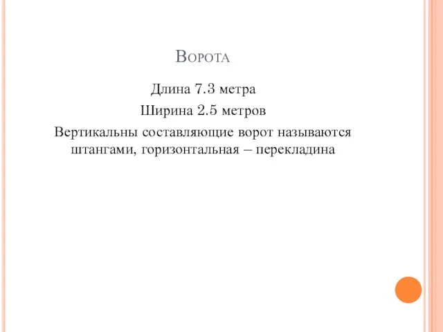 Ворота Длина 7.3 метра Ширина 2.5 метров Вертикальны составляющие ворот называются штангами, горизонтальная – перекладина