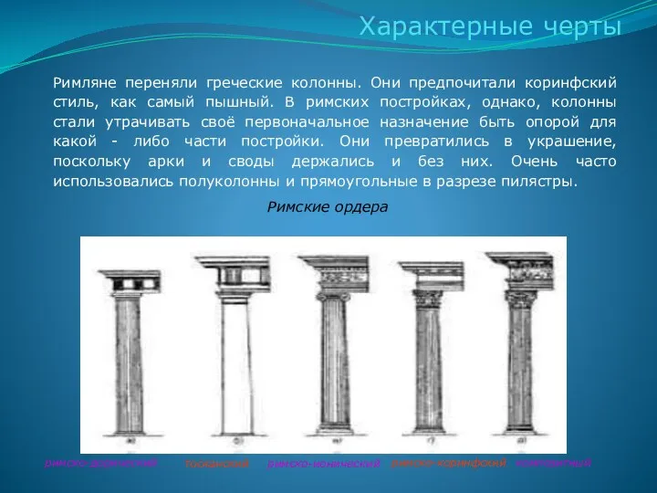 Характерные черты римско-дорический Римляне переняли греческие колонны. Они предпочитали коринфский