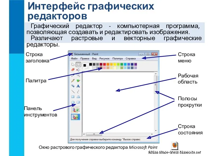 Интерфейс графических редакторов Графический редактор - компьютерная программа, позволяющая создавать