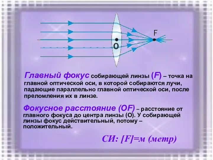 Главный фокус собирающей линзы (F) – точка на главной оптической