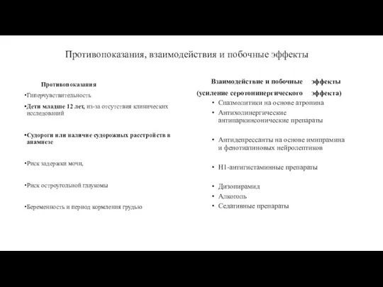 Противопоказания, взаимодействия и побочные эффекты Противопоказания Гиперчувствительность Дети младше 12