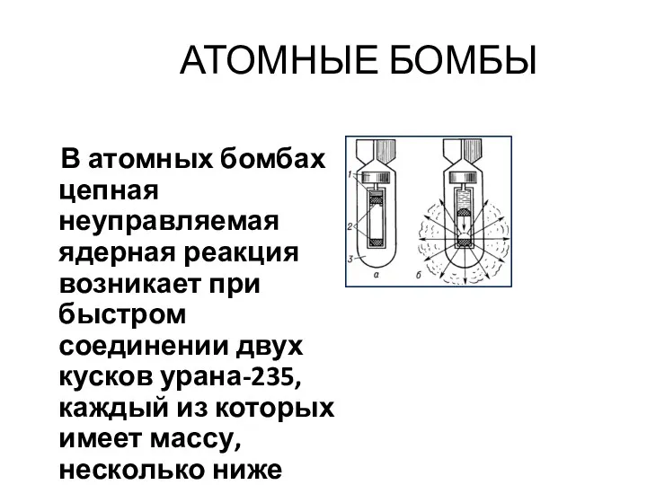 АТОМНЫЕ БОМБЫ В атомных бомбах цепная неуправляемая ядерная реакция возникает