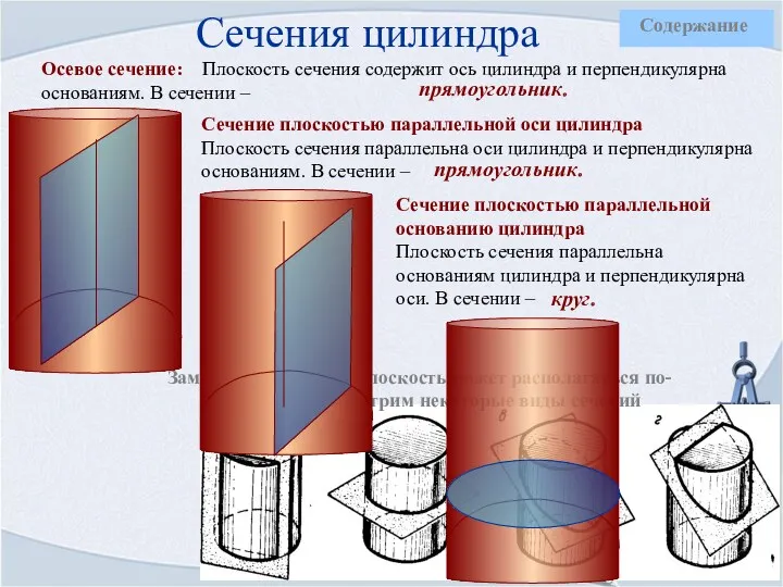 Сечения цилиндра Осевое сечение: Плоскость сечения содержит ось цилиндра и перпендикулярна основаниям. В