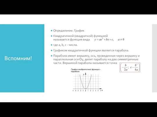 Вспомним! Определение. График Квадратичной (квадратной) функцией называется функция вида где