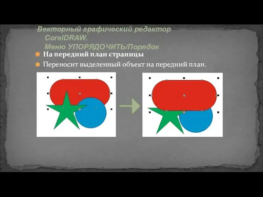 Векторный графический редактор CorelDRAW. Меню УПОРЯДОЧИТЬ/Порядок На передний план страницы Переносит выделенный объект на передний план.