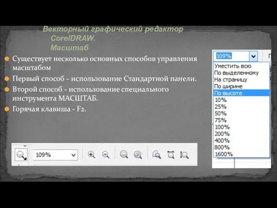 Существует несколько основных способов управления масштабом Первый способ - использование