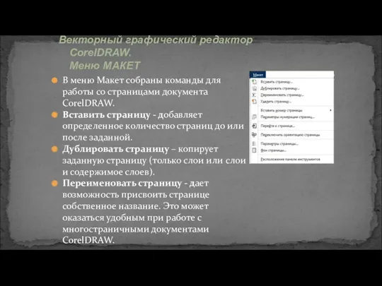 В меню Макет собраны команды для работы со страницами документа