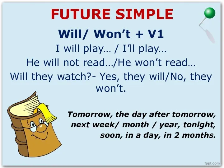 FUTURE SIMPLE Will/ Won’t + V1 I will play… /