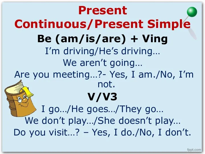 Present Continuous/Present Simple Be (am/is/are) + Ving I’m driving/He’s driving… We aren’t going…