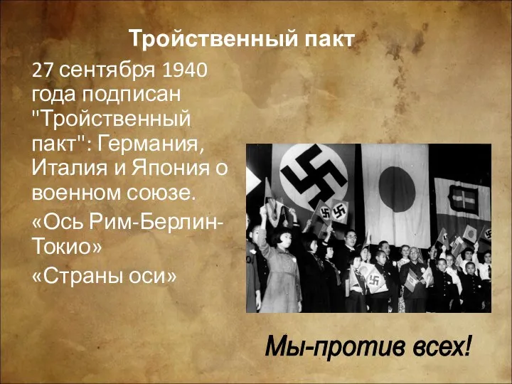 Тройственный пакт 27 сентября 1940 года подписан "Тройственный пакт": Германия,