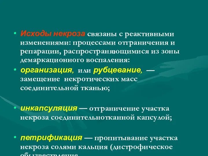 Исходы некроза связаны с реактивными изменениями: процессами отграничения и репарации, распространяющимися из зоны