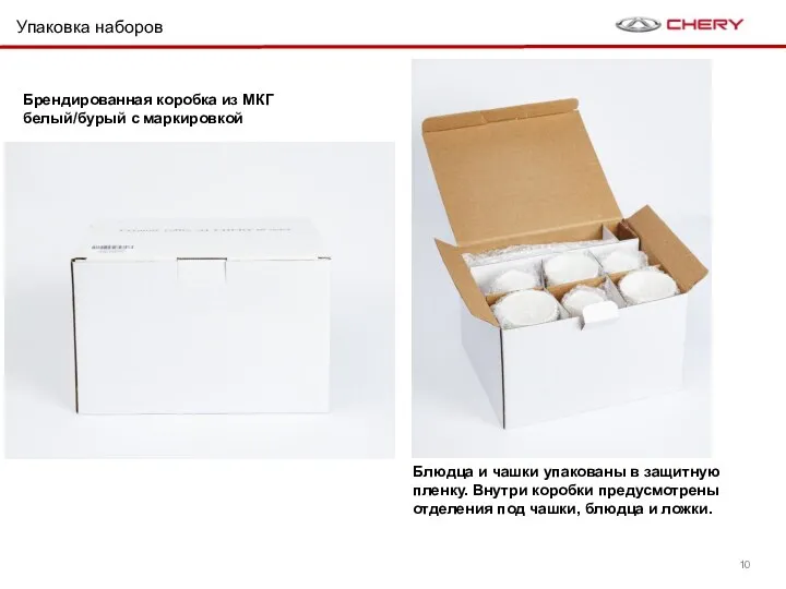 Упаковка наборов Брендированная коробка из МКГ белый/бурый с маркировкой Блюдца и чашки упакованы