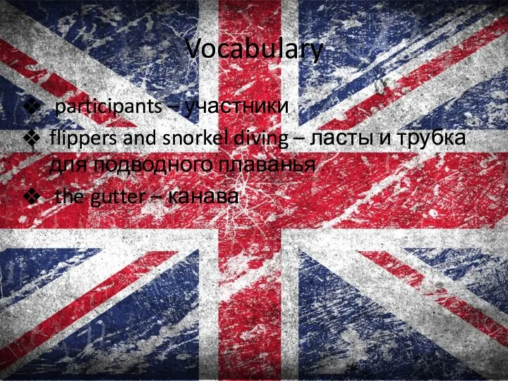 Vocabulary participants – участники flippers and snorkel diving – ласты