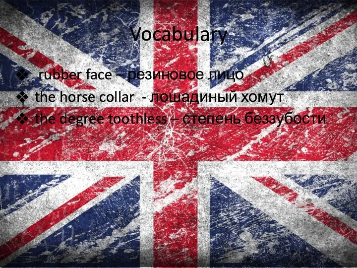 Vocabulary rubber face – резиновое лицо the horse collar -