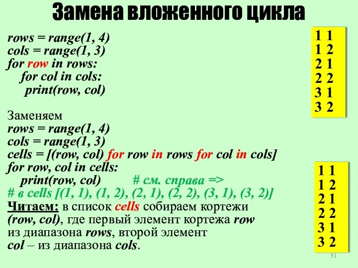 Замена вложенного цикла rows = range(1, 4) cols = range(1,