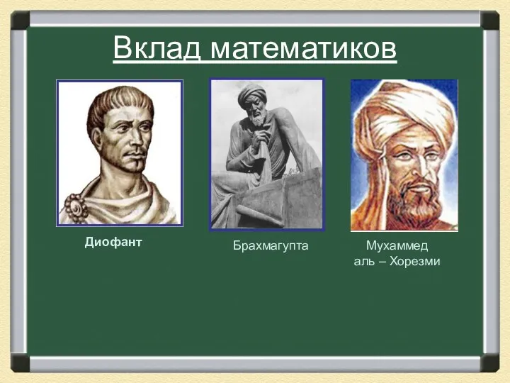 Вклад математиков Диофант Брахмагупта Мухаммед аль – Хорезми