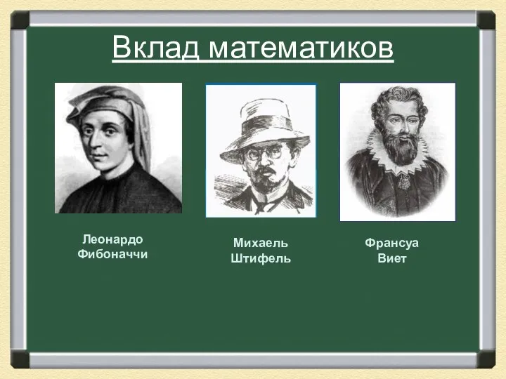 Вклад математиков Леонардо Фибоначчи Михаель Штифель Франсуа Виет